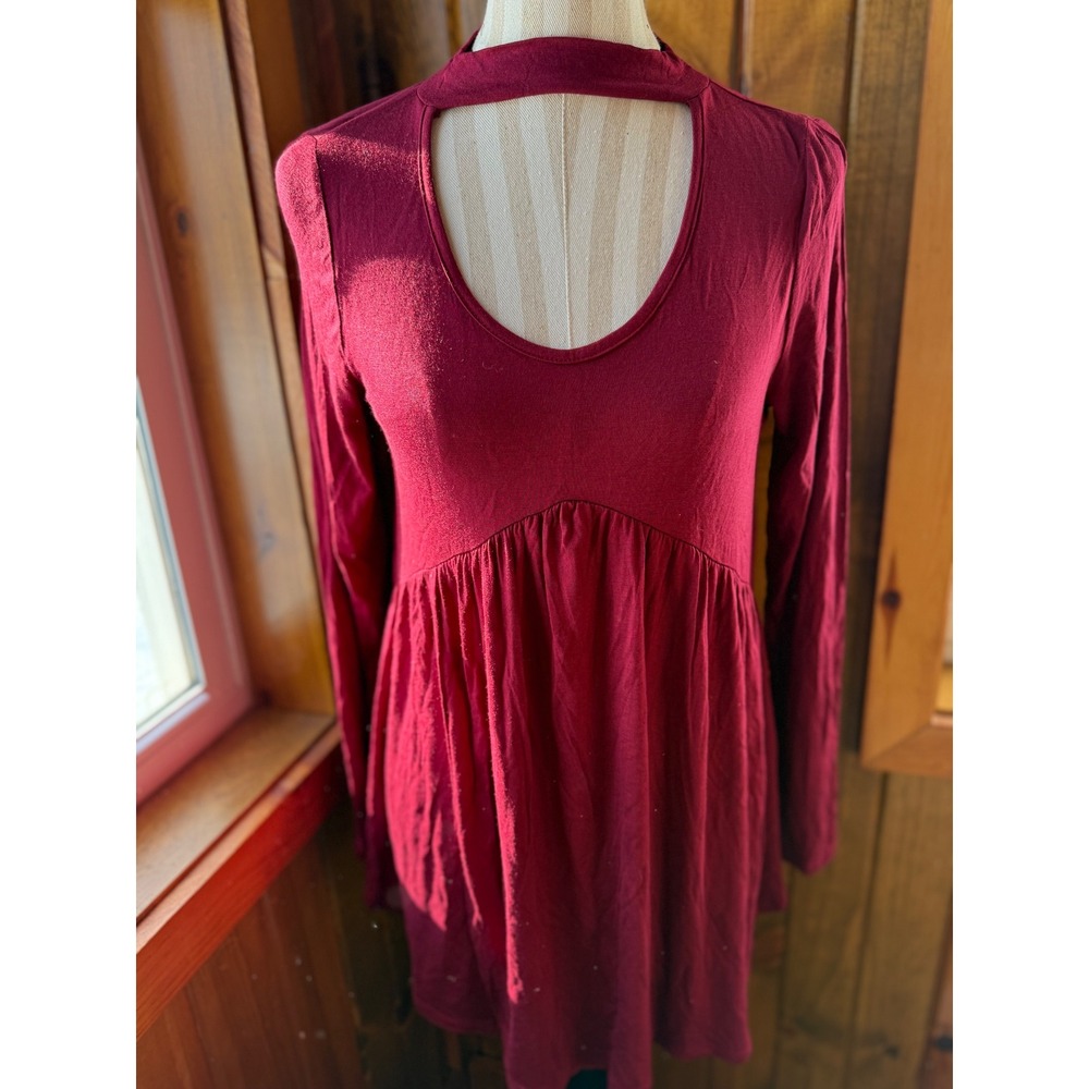 Hailey & Co. Burgundy Long Sleeve Cutout Neck Babydoll Tunic Top‎ Women's Size S